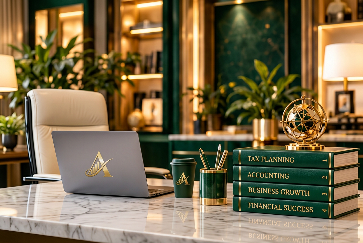 Alexis gold-emblem laptop, emerald accounting books and gold globe on a marble office desk