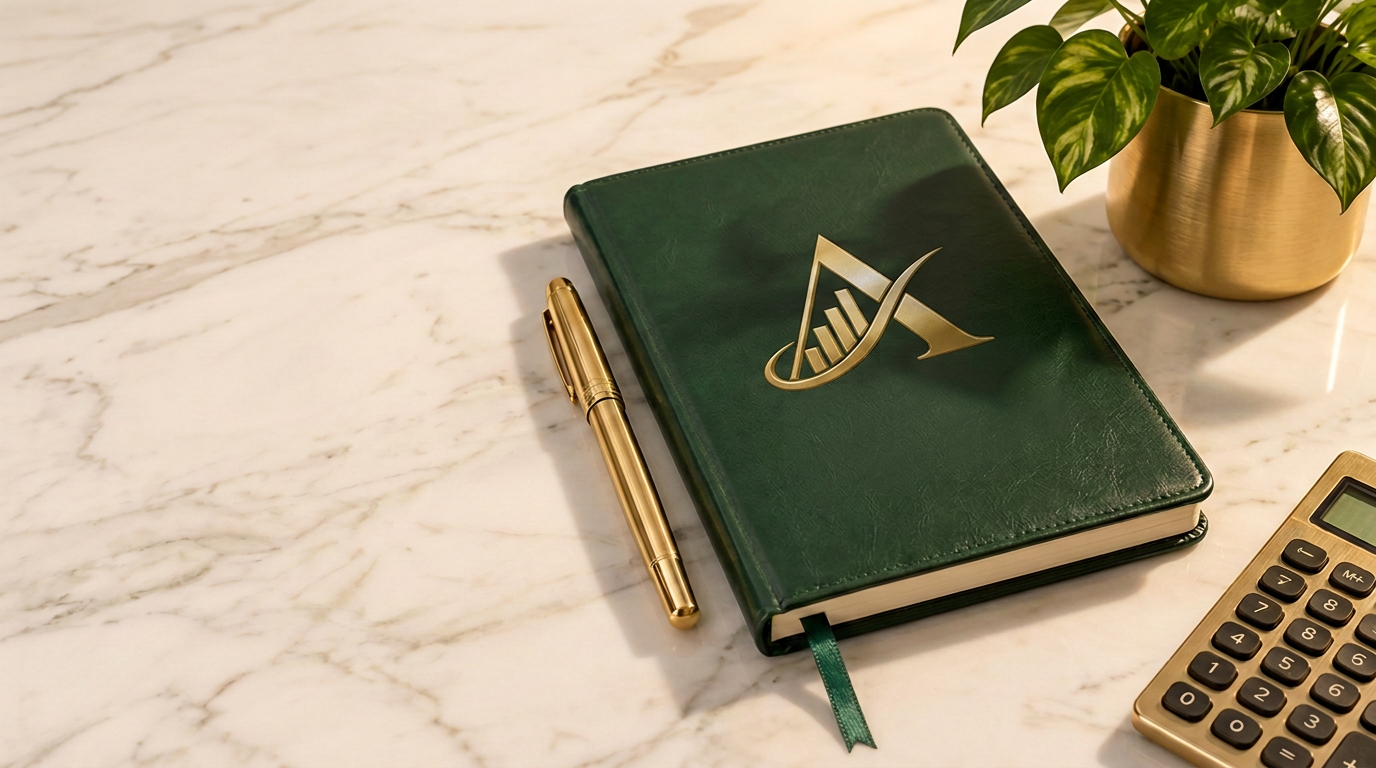 Gold Alexis emblem on an emerald notebook beside a gold pen on a marble desk